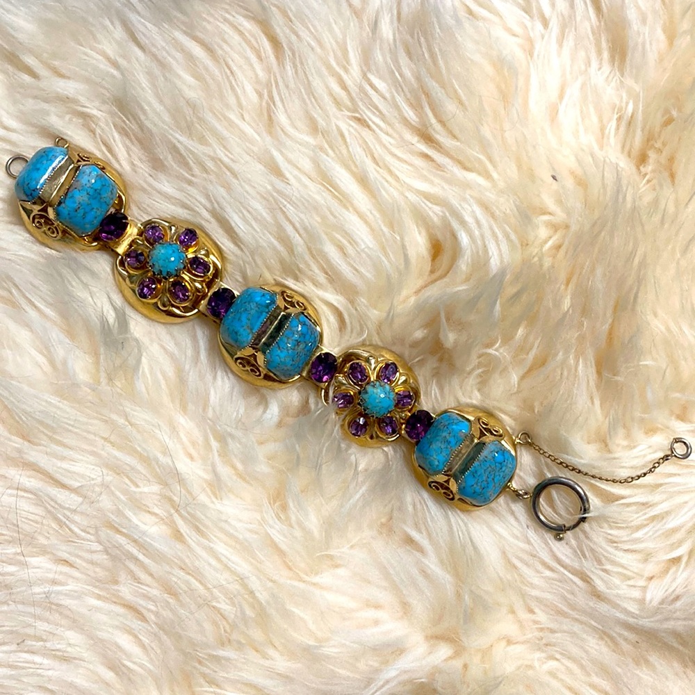 VINTAGE Turquoise and Amethyst Hued Mid Century Bracelet